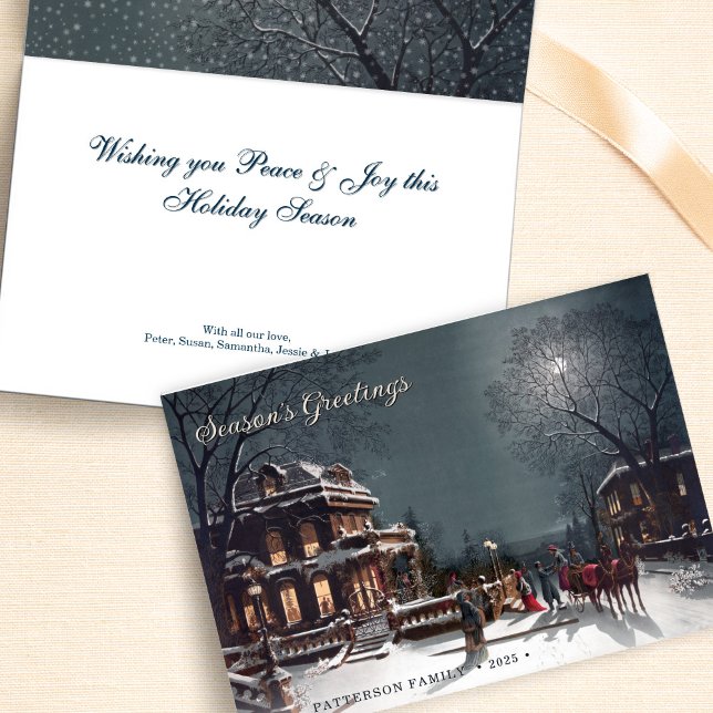 Benutzerdefinierte elegante viktorianische Weihnac Feiertagskarte (Elegant, snowy Victorian winter scene, personalizable Holiday card.)