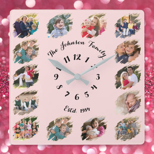 Benutzerdefinierte Familienfotocollage Pastellrosa Quadratische Wanduhr