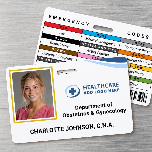 Benutzerdefinierte Farbkodierungen Krankenhaus Fot Ausweis (Double-sided photo ID badge with custom emergency codes and barcode image)
