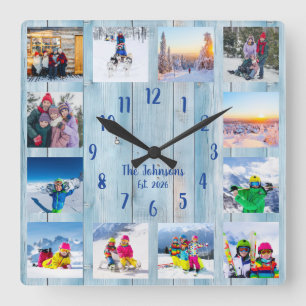 Benutzerdefinierte Fotocollage Land Blau Rustikale Quadratische Wanduhr