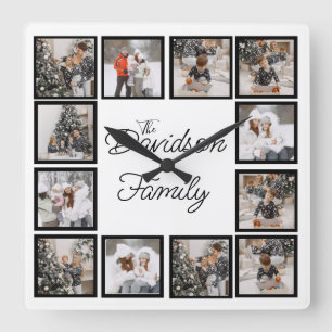 Benutzerdefinierte FotoCollage mit Familiennamen Quadratische Wanduhr