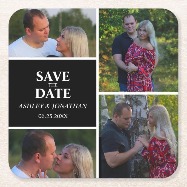 Benutzerdefinierte FotoCollage Save the Date Rechteckiger Pappuntersetzer (Vorderseite)