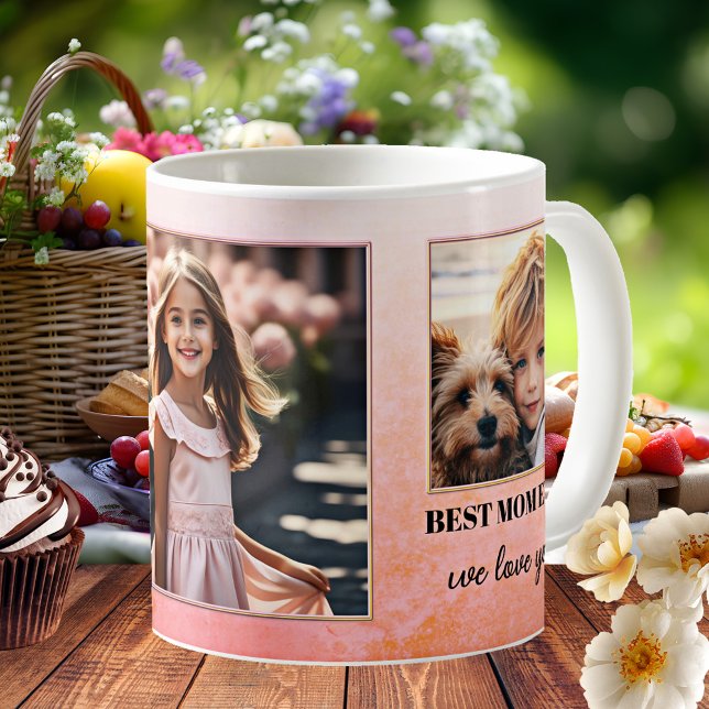 Benutzerdefinierte Fotos Beste Mama je Rosa Orange Kaffeetasse (Mug featuring custom photos on a pink orange retro design. Nice as a gift for Mother's Day)