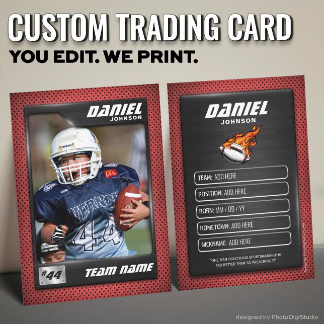 Benutzerdefinierte Fußballkarte, Visitenkarte des  Telefonnummerkarte (Custom Football Trading Card, Red Graphite Player Calling Card)