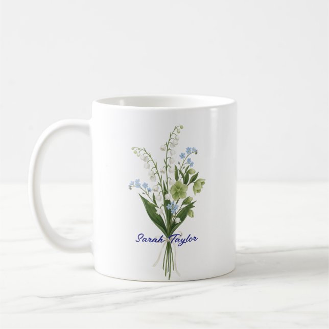Benutzerdefinierte Geburtsblume Maiglöckchen Kaffeetasse (Links)