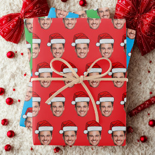 Benutzerdefinierte Gesichtsfoto Weihnachtsmann Hut Geschenkpapier Set