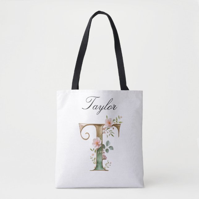 Benutzerdefinierte Gold-Blumen-Initiale T All-Over Tasche (Vorderseite)