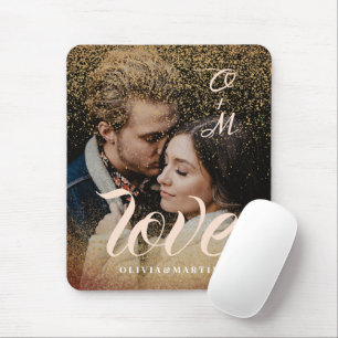 Benutzerdefinierte Gold Glitter Paar Foto Monogram Mousepad