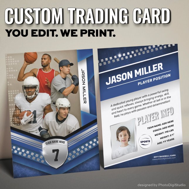 Benutzerdefinierte Handelskarte, Blue Silver Sport Telefonnummerkarte (Custom Trading Card Template, All Sport Trading Card, Modern Blue Silver Design for All Sports)