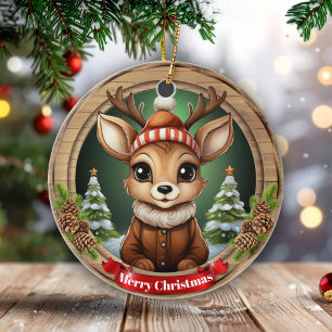 Benutzerdefinierte hölzerne Rahmen Hirsch Weihnach Keramik Ornament