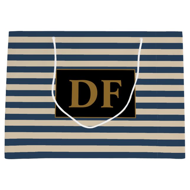 Benutzerdefinierte Initial Blau/Vanilla Stripes Große Geschenktüte (Vorderseite)