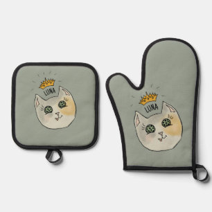 Benutzerdefinierte Katzenname-Kunst - Dicke weiße Ofenhandschuh & Topflappen-Set