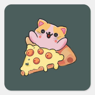 Benutzerdefinierte Kawaii-Katze, die eine Pepperon Quadratischer Aufkleber