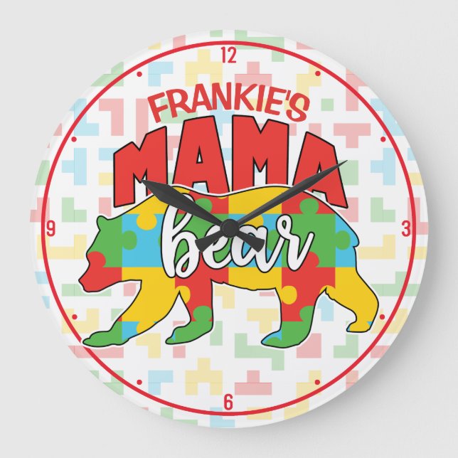 Benutzerdefinierte Kinder NAME Mama Bear Autismus  Große Wanduhr (Vorderseite)