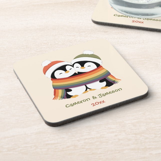 Benutzerdefinierte kuschelige Pride-Pinguine Weihn Getränkeuntersetzer (Linke Seite)