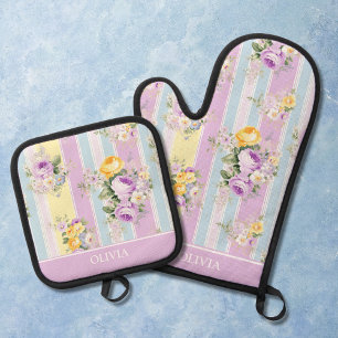 Benutzerdefinierte Lavendel Blumen gestreift Ofenhandschuh & Topflappen-Set