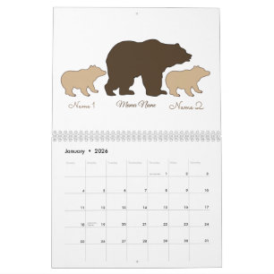 Benutzerdefinierte Mama-Bärin mit 2 Kindernamen Mu Kalender