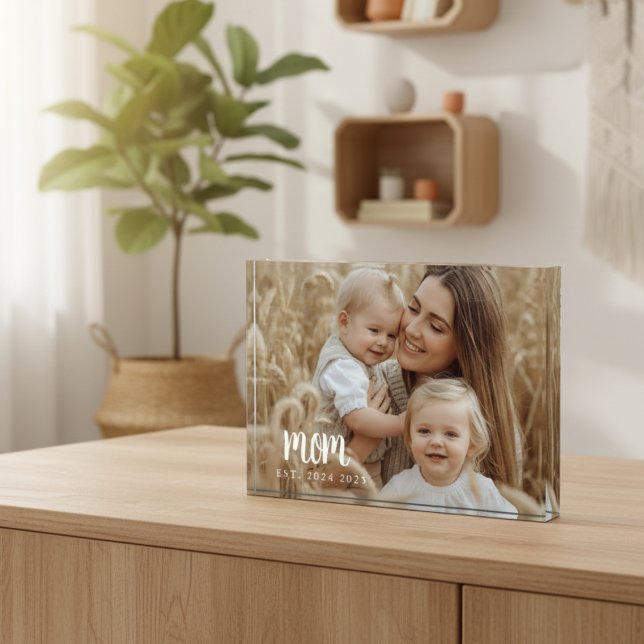 Benutzerdefinierte Mama Modernes Skript-Foto einge Fotoblock (minimal white script photo gift for new mom established date acrylic block for baby nursery mothers)