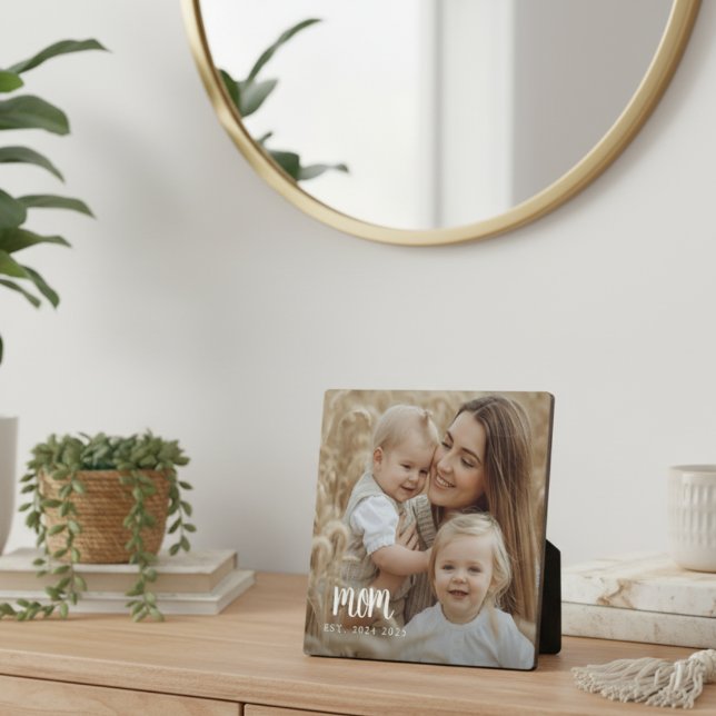 Benutzerdefinierte Mama Modernes Skript-Foto einge Fotoplatte (elegant minimal trendy script mom established date custom photo plaque home decor gift for mothers)