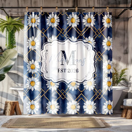 Benutzerdefinierte Marine-Daisy-Gingham-Monogramm- Duschvorhang
