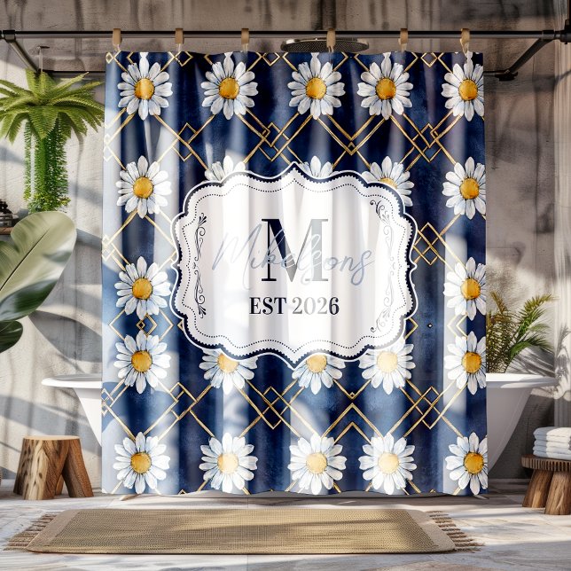 Benutzerdefinierte Marine-Daisy-Gingham-Monogramm- Duschvorhang (Von Creator hochgeladen)