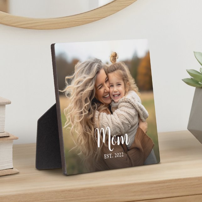 Benutzerdefinierte Mom Established Modern Script F Fotoplatte (Mom established photo with pretty script text)