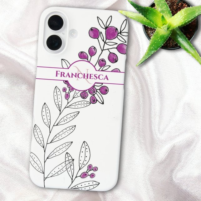 Benutzerdefinierte Monogram Name Blätter Lila Berr iPhone 16 Plus Hülle (purple berries monogram phone case template)