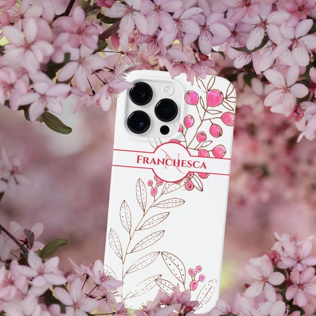 Benutzerdefinierte Monogram Name Blätter Rosa Berr Case-Mate iPhone 14 Pro Max Hülle (Easy to personalize pink berries iPhone case. )