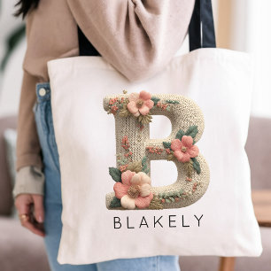 Benutzerdefinierte Monogramm-Blumenstickereieffekt Tragetasche