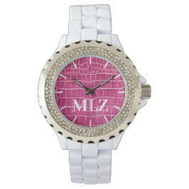 Benutzerdefinierte Monogramm-Hot-Pink-Imitate Krok Armbanduhr