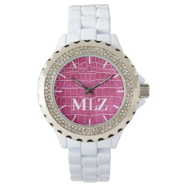 Benutzerdefinierte Monogramm-Hot-Pink-Imitate Krok Armbanduhr (Vorderseite)