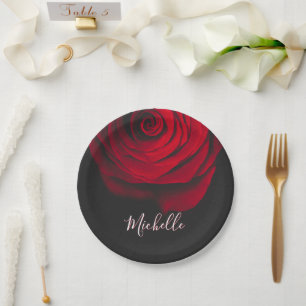 Benutzerdefinierte Monogramm-rote Rose Vintages Fo Pappteller