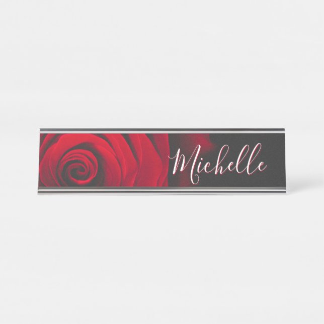 Benutzerdefinierte Monogramm-rote Rose Vintages Fo Schreibtischnamensplakette (Vorderseite )