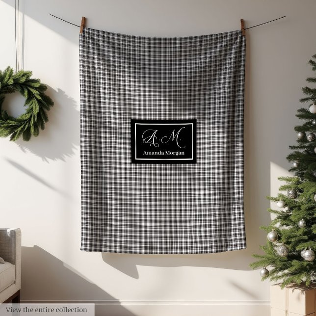 Benutzerdefinierte Monogramm-Schwarz-Weiß-Buffalo- Fleecedecke (Custom Monogram Black & White Buffalo Plaid Blanket)