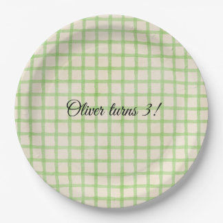 Benutzerdefinierte Nachricht grünes Gingham-Muster Pappteller