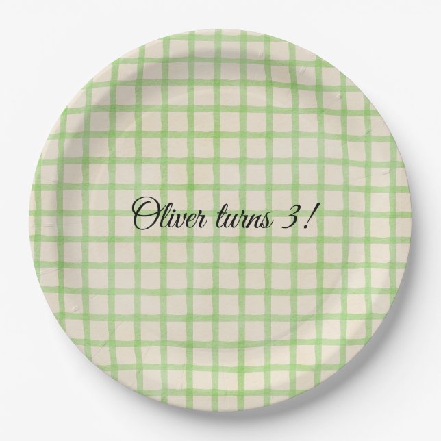 Benutzerdefinierte Nachricht grünes Gingham-Muster Pappteller (Vorderseite)