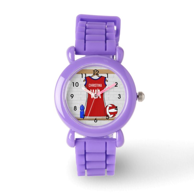 Benutzerdefinierte Netball-Uniform Rot mit Blau un Armbanduhr (Vorderseite)