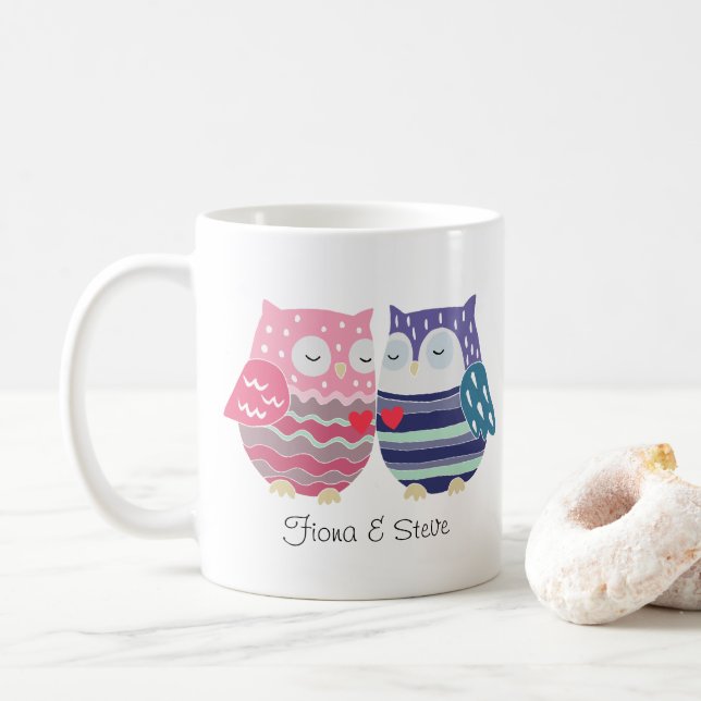 Benutzerdefinierte Paarbezeichnungen Owl Coupel Pe Kaffeetasse (Mit Donut)