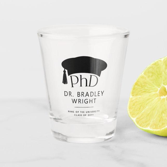 Benutzerdefinierte PhD-Doktorhut Doktorgrad-Abschl Schnapsglas (Vorderseite)