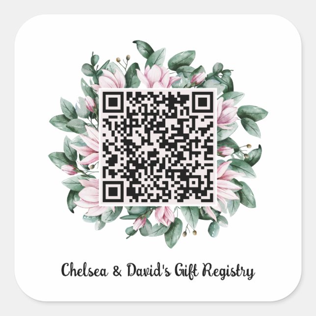 Benutzerdefinierte QR-Code Magnolia-Blume-Rahmen-G Quadratischer Aufkleber (Vorderseite)