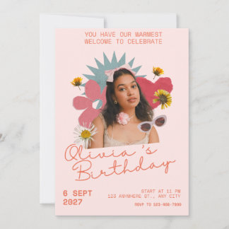 Benutzerdefinierte Retro-Boho-Floral-Foto-Geburtst Einladung