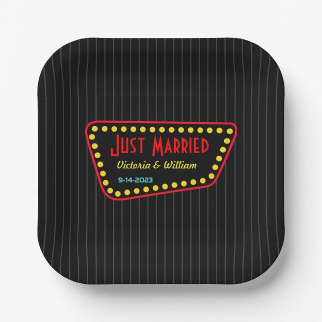 Benutzerdefinierte Retro-Just-Married-Hochzeitspap Pappteller (Vorderseite)
