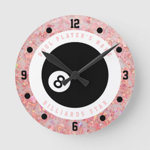 Benutzerdefinierte rosa Glitter Girls Billard Pool Runde Wanduhr