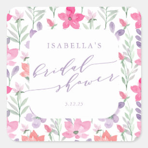 Benutzerdefinierte rosa lila Wasserfarbe Floral-Br Quadratischer Aufkleber