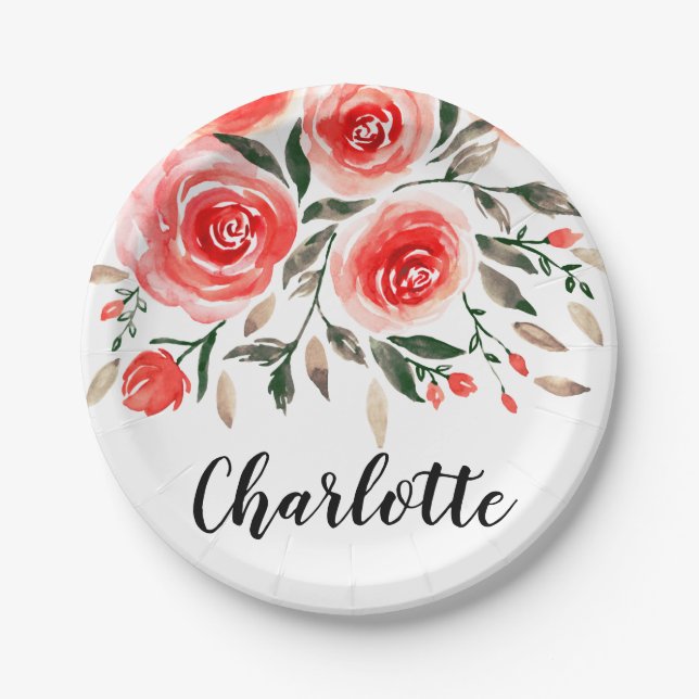 Benutzerdefinierte rosa Rosen Aquarellfarben Illus Pappteller (Vorderseite)