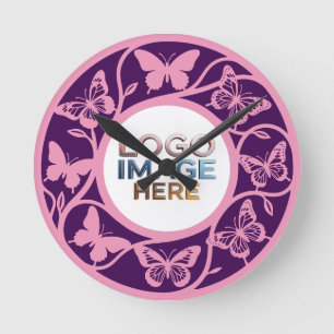Benutzerdefinierte rosa und violette Schmetterling Runde Wanduhr
