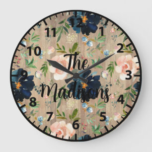 Benutzerdefinierte Rustikale Holzblumen Navy Blau Große Wanduhr