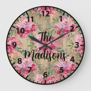 Benutzerdefinierte Rustikale Holzblumen Rosa Magno Große Wanduhr