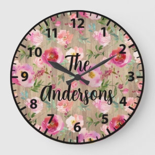 Benutzerdefinierte Rustikale Holzblumen Rosa und L Große Wanduhr