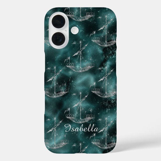 Benutzerdefinierte Schiffe auf Ozean Sparkle Blue  iPhone 16 Hülle (Rückseite)